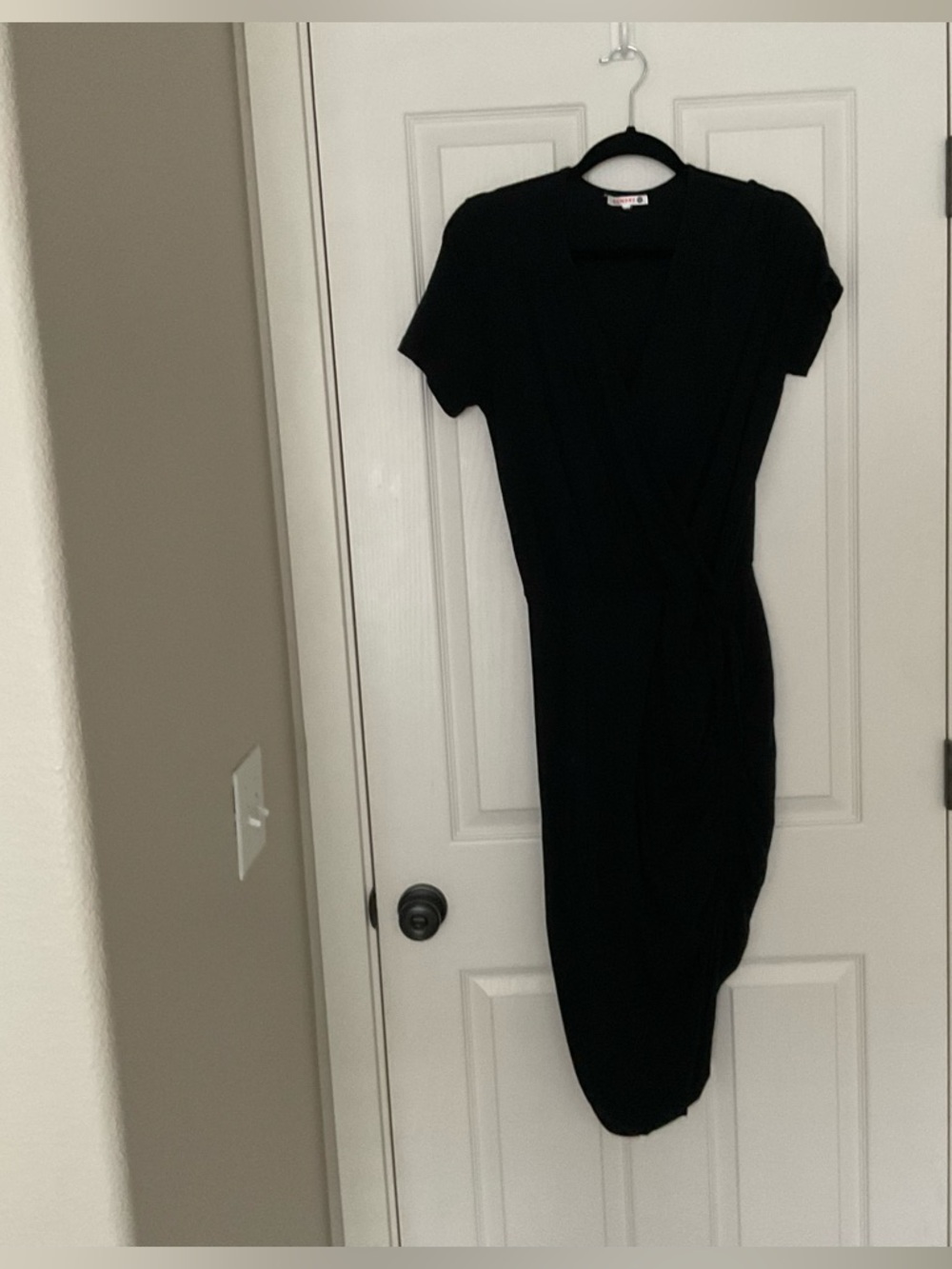 Black Short-Sleeve Wrap Midi Dress